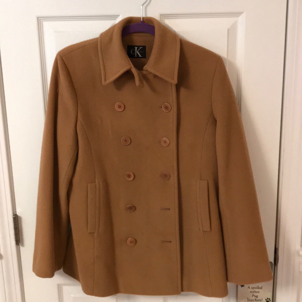 Calvin Klein camel wool long pea coat